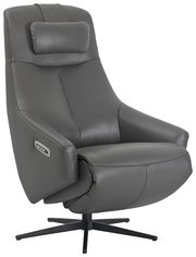 Grauer Relaxsessel aus Leder mit Kopfstütze und Armlehnen, seitliche Ansicht