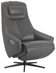 Grijze lederen relaxfauteuil met hoofdsteun en armleuningen, zijaanzicht
