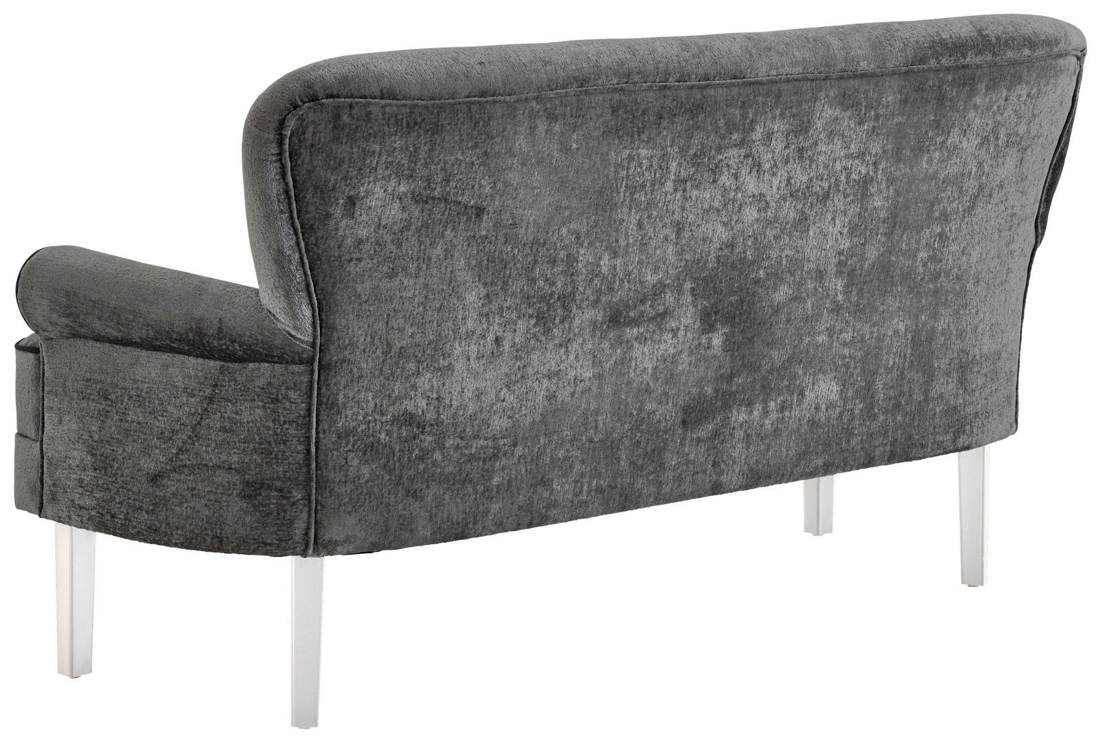 Rückansicht einer grauen Sitzbank mit Samtbezug und silbernen Beinen