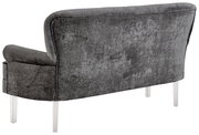 Rückansicht einer grauen Sitzbank mit Samtbezug und silbernen Beinen