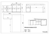 Technische Zeichnung eines Winkelschreibtischs mit den Maßen: Breite 160 cm, Höhe 74 cm, Tiefe 159 cm. Perspektive von oben und seitlich.