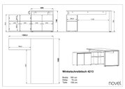 Technische Zeichnung eines Winkelschreibtischs mit den Maßen: Breite 160 cm, Höhe 74 cm, Tiefe 159 cm. Perspektive von oben und seitlich.
