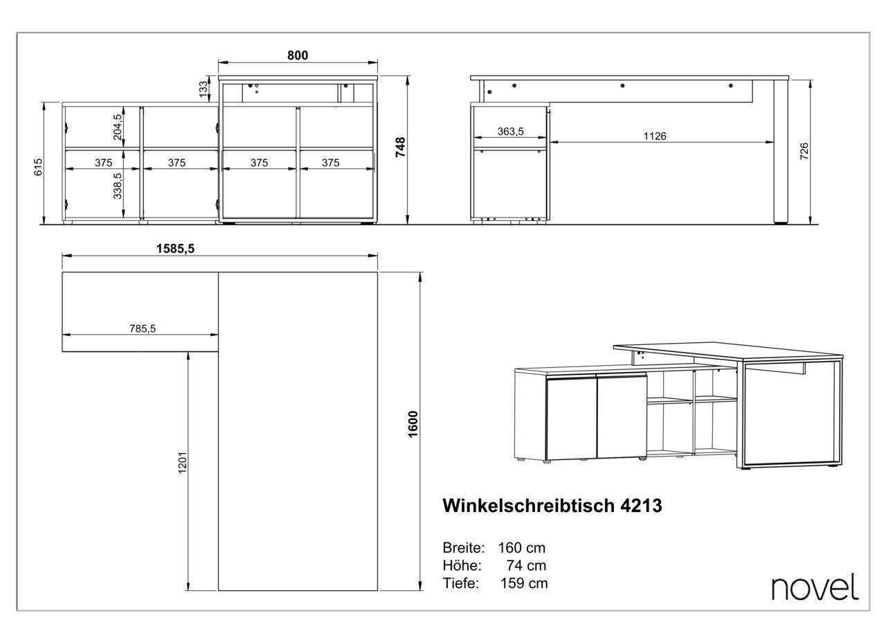 Technische tekening van een hoekbureau met de afmetingen: breedte 160 cm, hoogte 74 cm, diepte 159 cm. Aanzicht van bovenaf en van opzij.