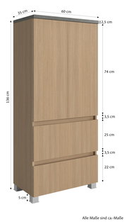 Midischrank 60 cm in Holzoptik mit zwei Türen und zwei Schubladen, perspektivisch von vorne links gezeigt.