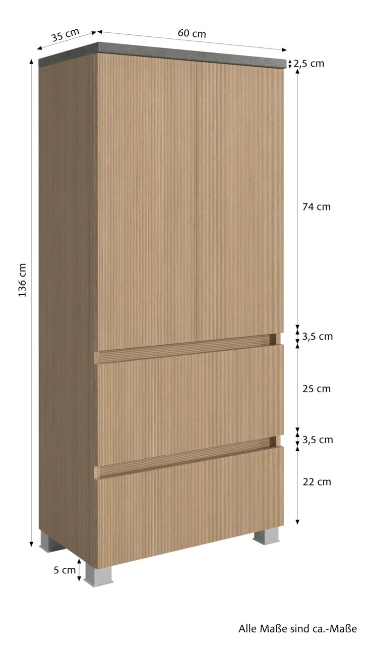 Midischrank 60 cm in Holzoptik mit zwei Türen und zwei Schubladen, perspektivisch von vorne links gezeigt.