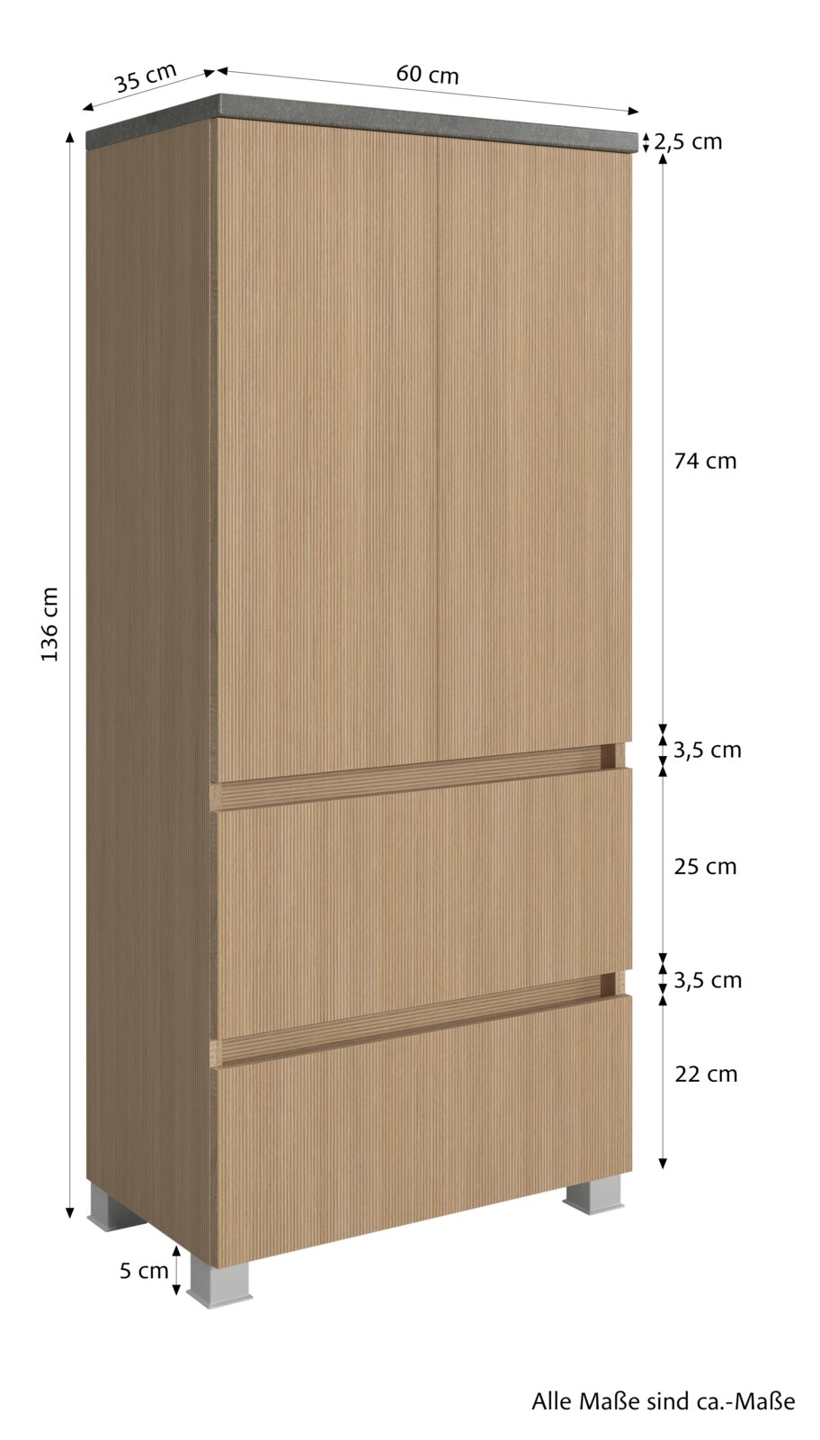 Midischrank 60 cm in Holzoptik mit zwei Türen und zwei Schubladen, perspektivisch von vorne links gezeigt.