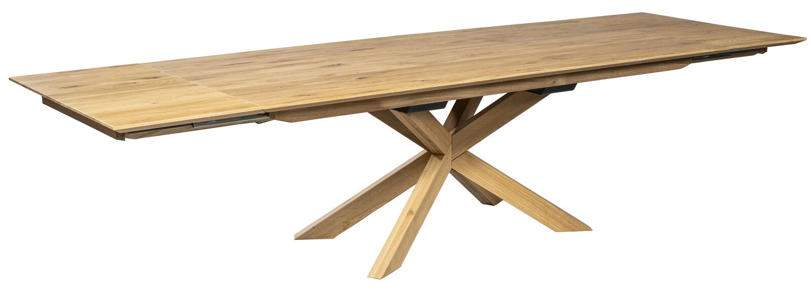 Moderner Esstisch aus Holz mit ausziehbarer Tischplatte und gekreuztem Fußgestell, seitliche Perspektive