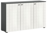 Modernes Sideboard mit weißer, quadratischer Front und dunkler Oberseite, frontal abgebildet.