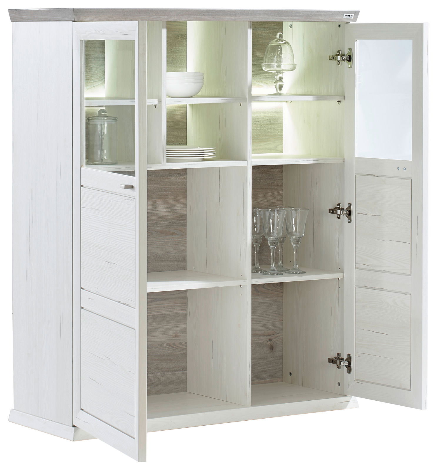 Weißes Highboard CAMRON mit offenen Türen, zeigt Regalfächer mit Geschirr und Gläsern, Perspektive von vorne.