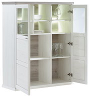 Weißes Highboard CAMRON mit offenen Türen, zeigt Regalfächer mit Geschirr und Gläsern, Perspektive von vorne.