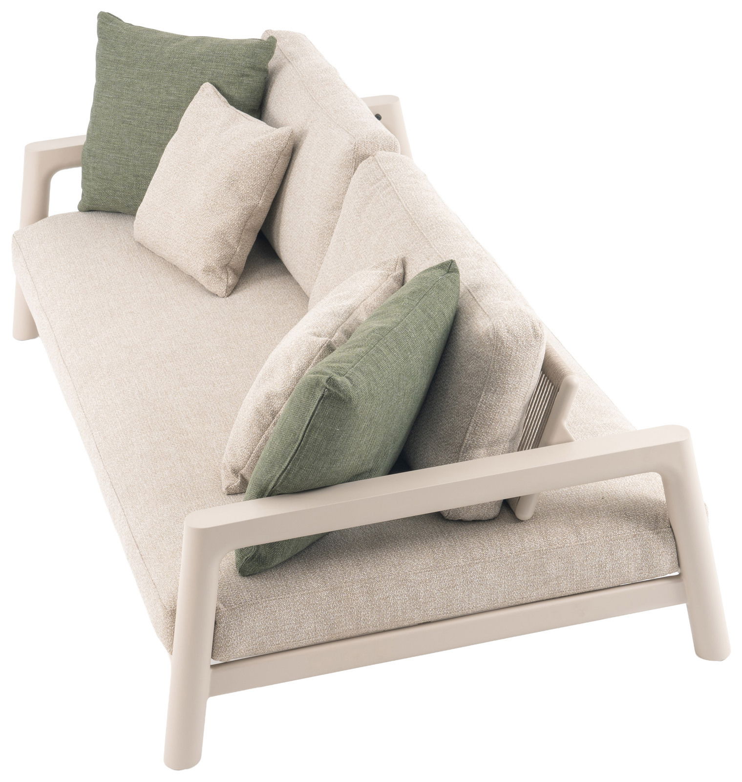 Beiges Loungesofa 3-Sitzer mit grünen Kissen, seitliche Perspektive