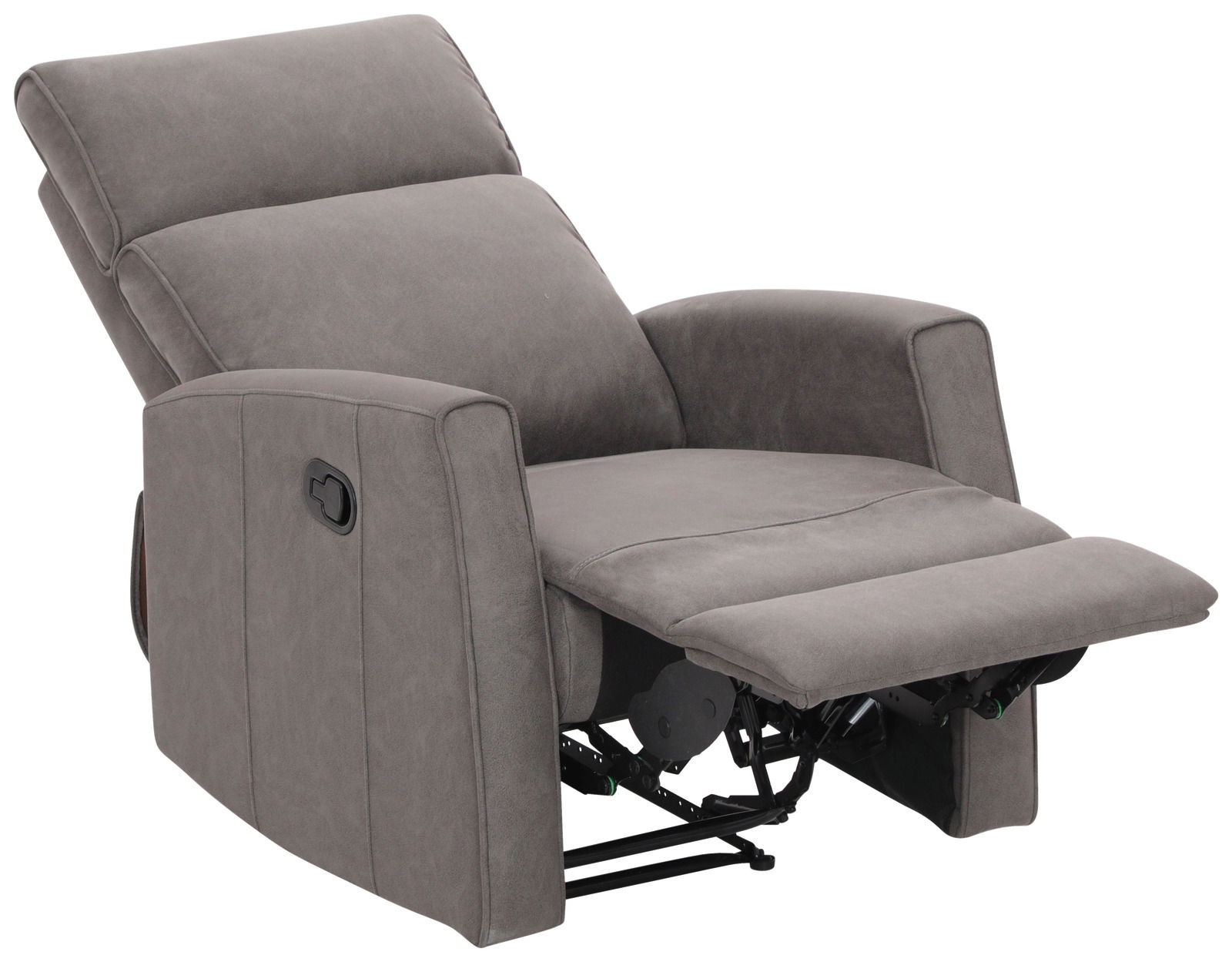 Grauer Sessel mit Liegefunktion, seitliche Perspektive