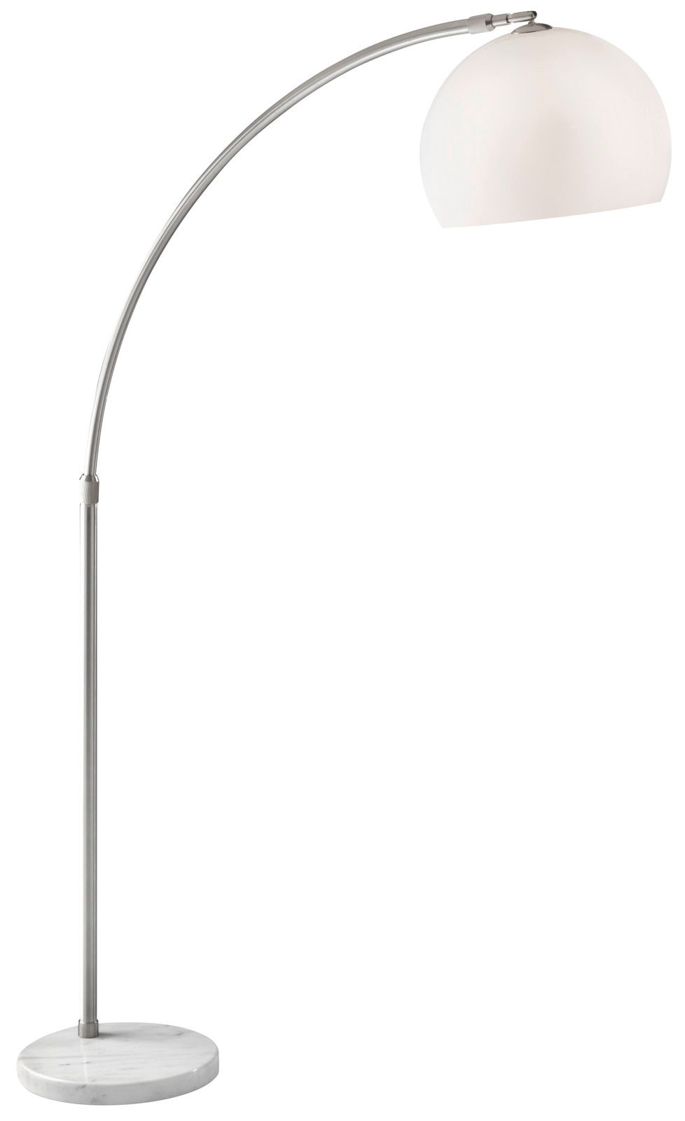 Novel Bogenleuchte Bogenleuchte mit gebogenem Metallarm und rundem, weißem Lampenschirm, seitliche Perspektive