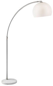 Bogenleuchte mit gebogenem Metallarm und rundem, weißem Lampenschirm, seitliche Perspektive