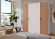 Moderner Drehtürenschrank mit vier Türen, teilweise mit Holzlamellen, in einem hellen Raum mit Pflanzen und großen Fenstern, seitliche Perspektive.