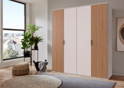 Moderne kast met vier draaideuren, deels met houten lamellen, in een lichte ruimte met planten en grote ramen, zijaanzicht.