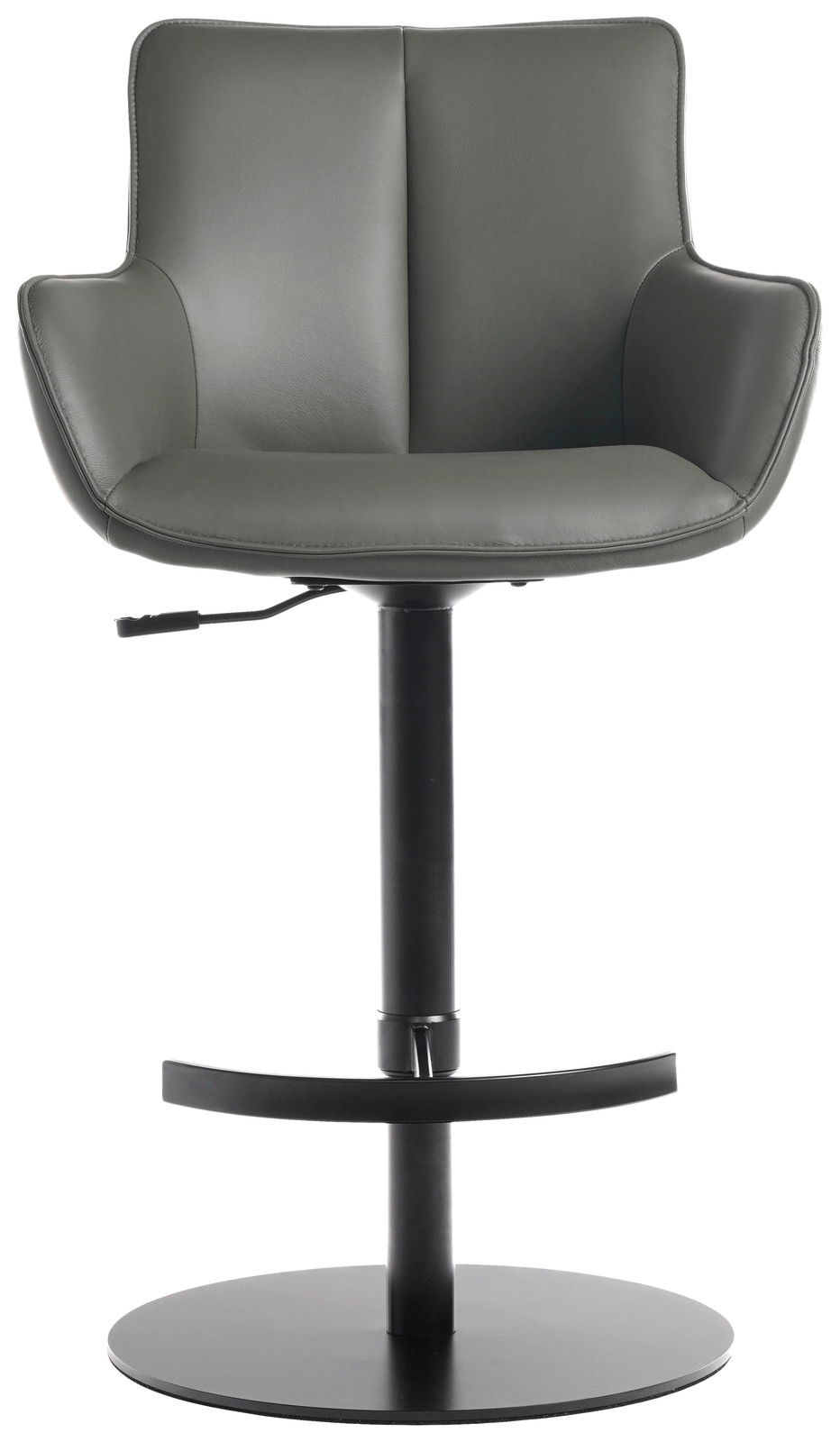 Moderner Barhocker Novel YUKI in grauem Leder mit schwarzem Metallgestell, Frontalansicht