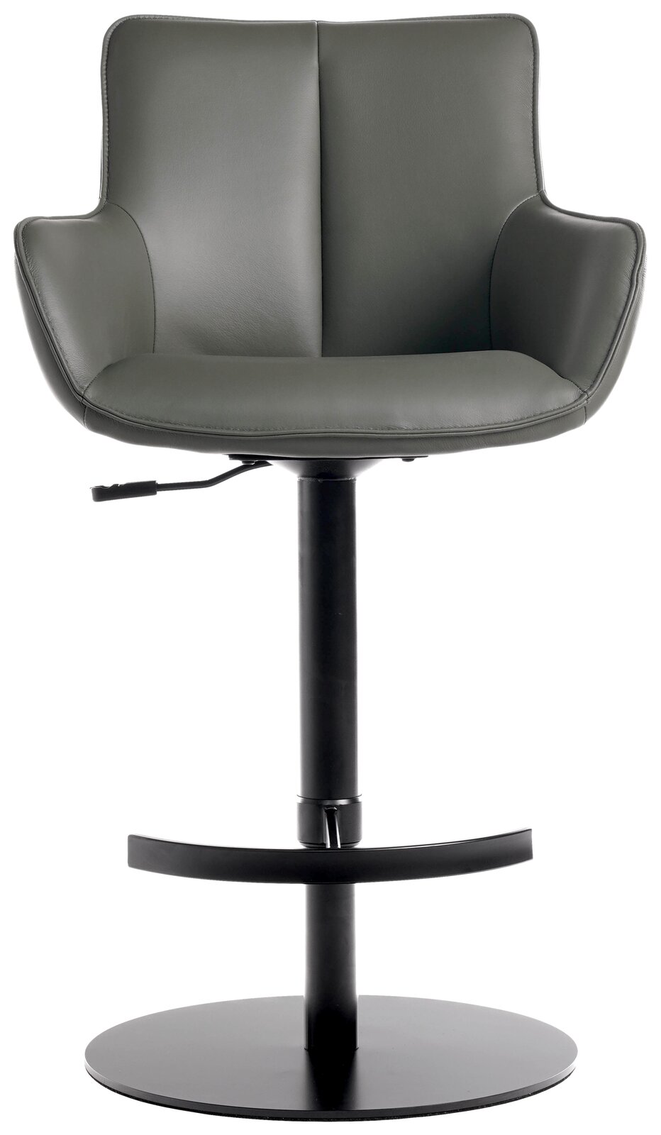 Moderner Barhocker Novel YUKI in grauem Leder mit schwarzem Metallgestell, Frontalansicht