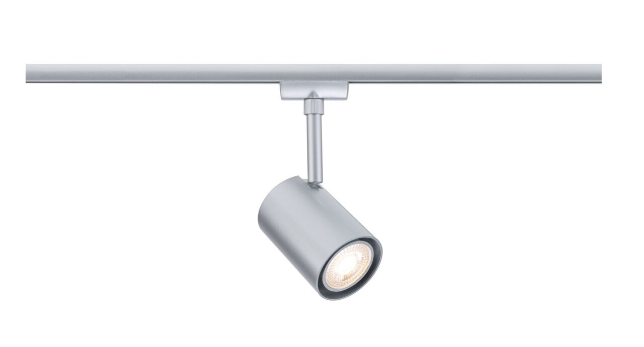 Silberner Schienenspot Luxe von PAULMANN, seitliche Perspektive, montiert an einer Schiene.