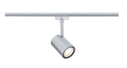 Silberner Schienenspot Luxe von PAULMANN, seitliche Perspektive, montiert an einer Schiene.