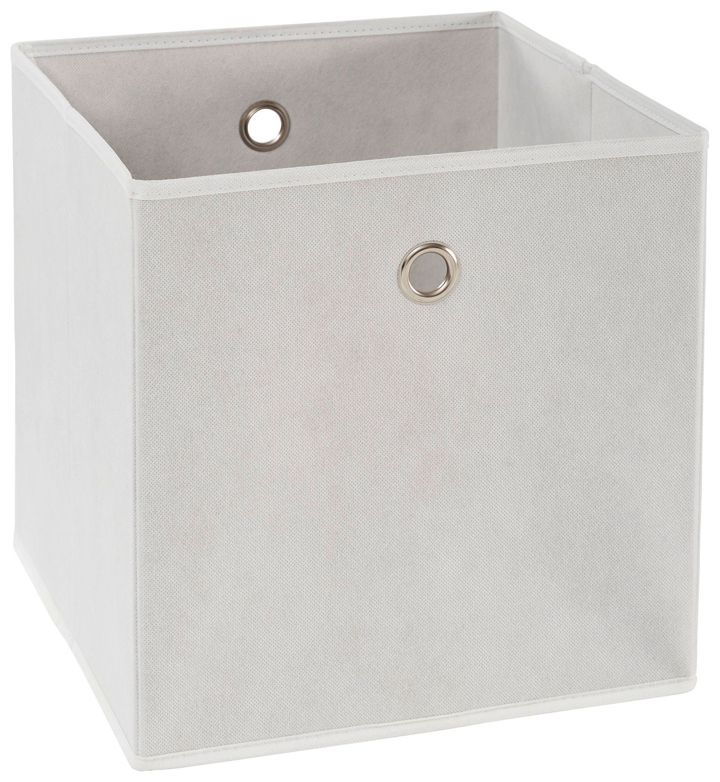 Weiße Stoffbox mit Metallösen, perspektivisch von vorne rechts fotografiert