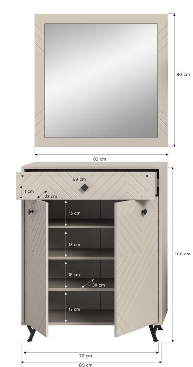 Garderobenkombination bestehend aus einem rechteckigen Spiegel und einem Schrank mit Schublade und Türen, frontal abgebildet. Der Schrank hat mehrere Regalfächer und steht auf schwarzen Füßen. Maße: Spiegel 80x80 cm, Schrank 80x100 cm.