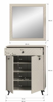 Garderobenkombination bestehend aus einem rechteckigen Spiegel und einem Schrank mit Schublade und Türen, frontal abgebildet. Der Schrank hat mehrere Regalfächer und steht auf schwarzen Füßen. Maße: Spiegel 80x80 cm, Schrank 80x100 cm.