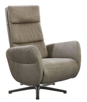 Grauer Relaxsessel mit hoher Rückenlehne und Armlehnen, seitliche Perspektive