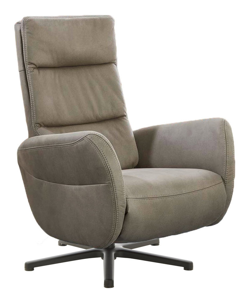 Grauer Relaxsessel mit hoher Rückenlehne und Armlehnen, seitliche Perspektive