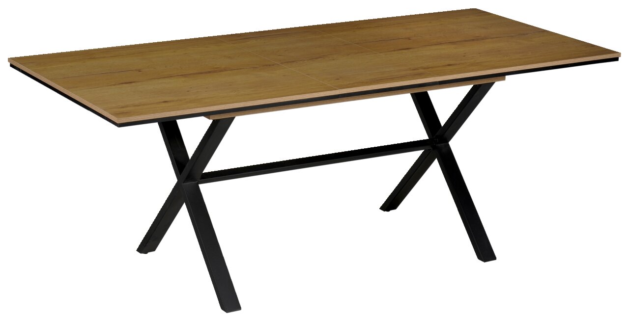 Moderner Esstisch mit Holzplatte und schwarzem Metallgestell, seitliche Perspektive