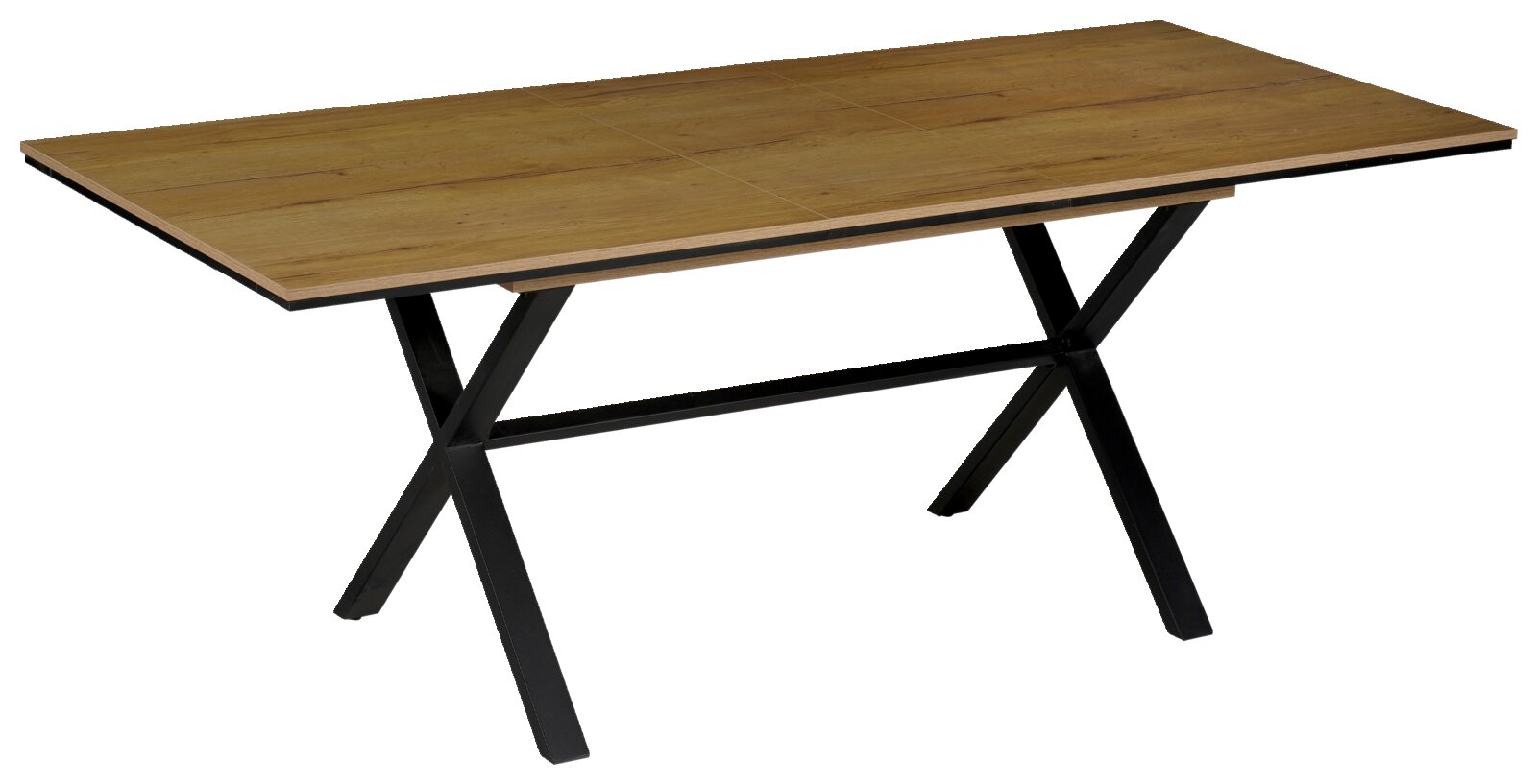 Moderne eettafel met houten blad en zwart metalen onderstel, zijaanzicht
