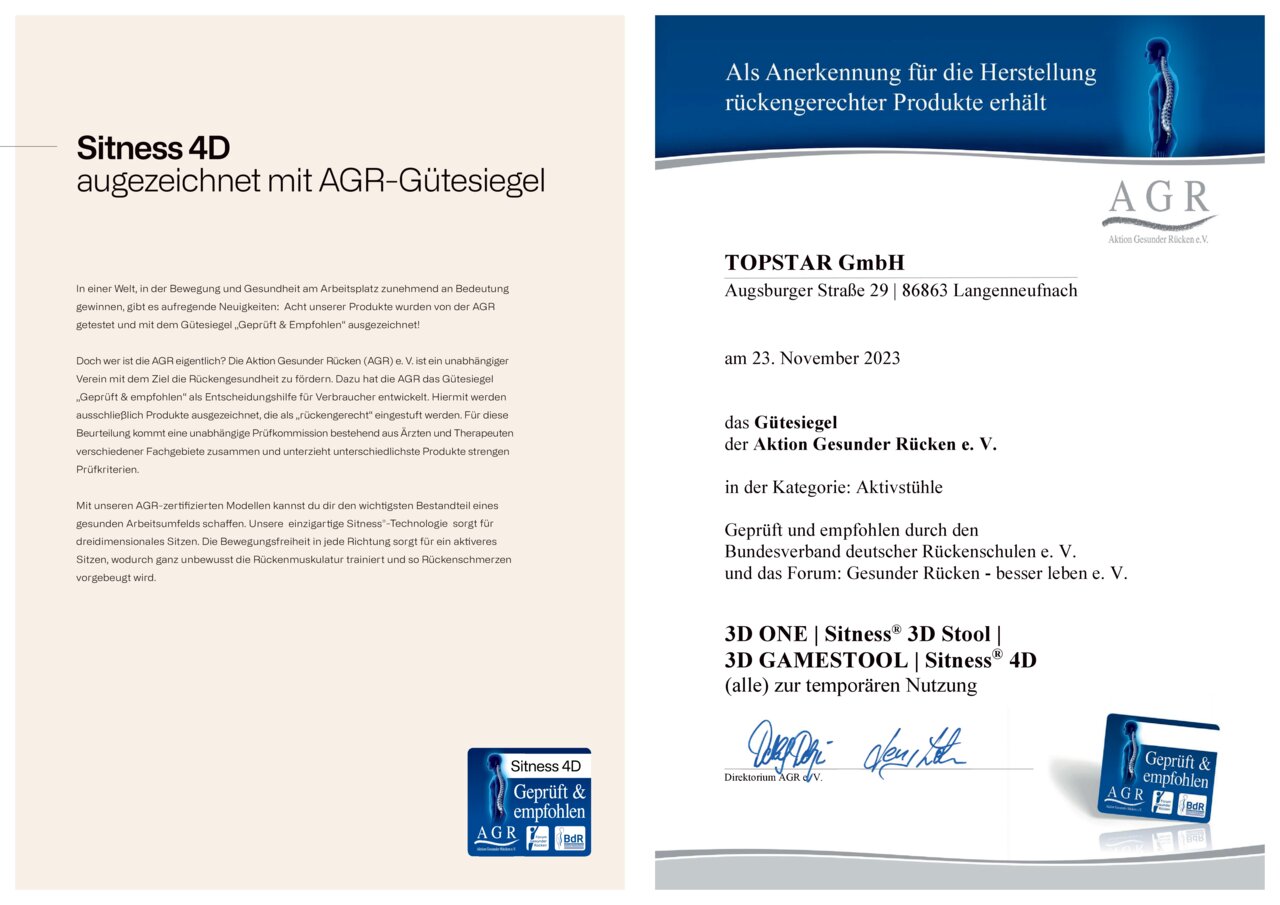 Certificaat voor de actieve stoel Sitness 4D met het AGR-keurmerk, afgegeven door de Aktion Gesunder Rücken e.V., met de nadruk op het bevorderen van de ruggezondheid. Weergave: vooraanzicht van het certificaat.