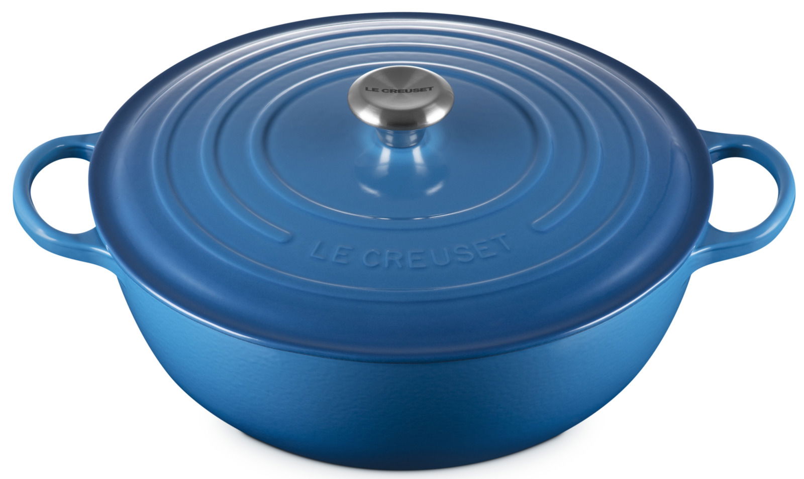 Blauer runder Bräter von Le Creuset mit Deckel, seitliche Perspektive