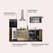 Küchenblock mit Holzfronten und schwarzen Griffstangen, inklusive Nischen für Backofen, Kühlschrank und Spülmaschine, sowie Dunstabzugshaube und Hängeschrank. Frontale Ansicht.