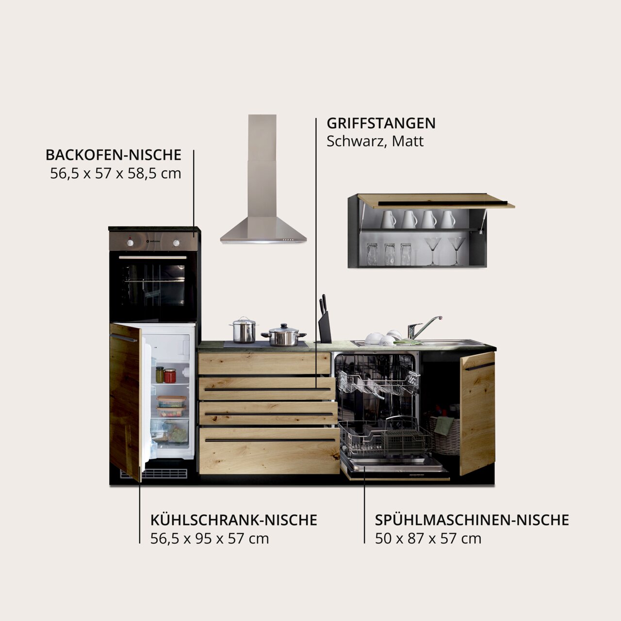 Küchenblock mit Holzfronten und schwarzen Griffstangen, inklusive Nischen für Backofen, Kühlschrank und Spülmaschine, sowie Dunstabzugshaube und Hängeschrank. Frontale Ansicht.
