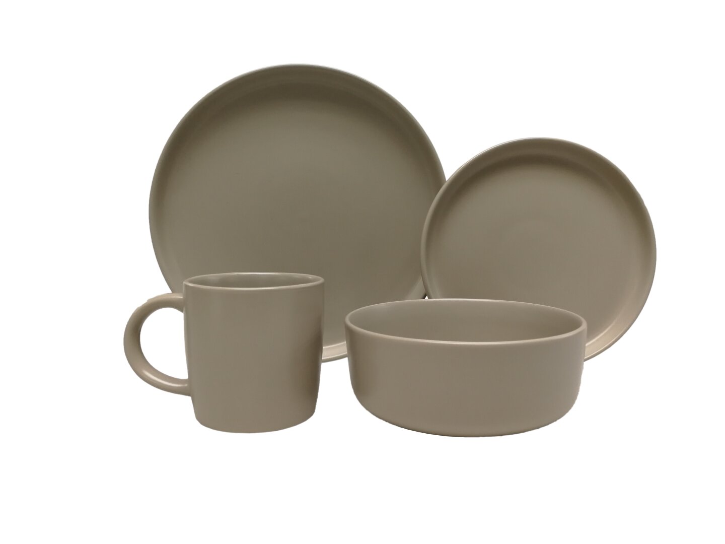 Beigefarbenes Kombiservice 16-tlg. bestehend aus Teller, Schüssel und Tasse, seitliche Perspektive