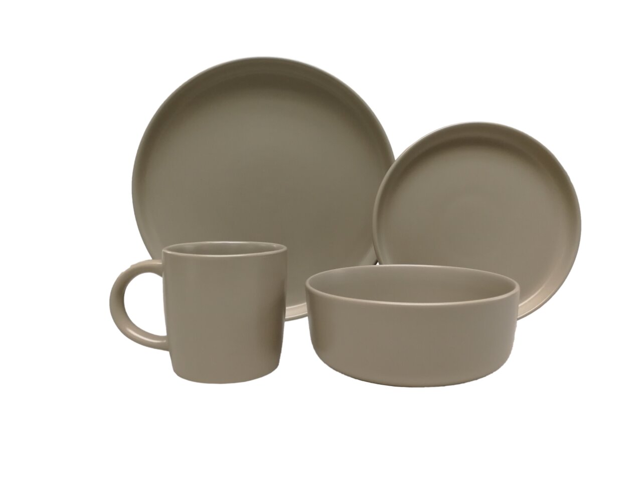 Beigefarbenes Kombiservice 16-tlg. bestehend aus Teller, Schüssel und Tasse, seitliche Perspektive