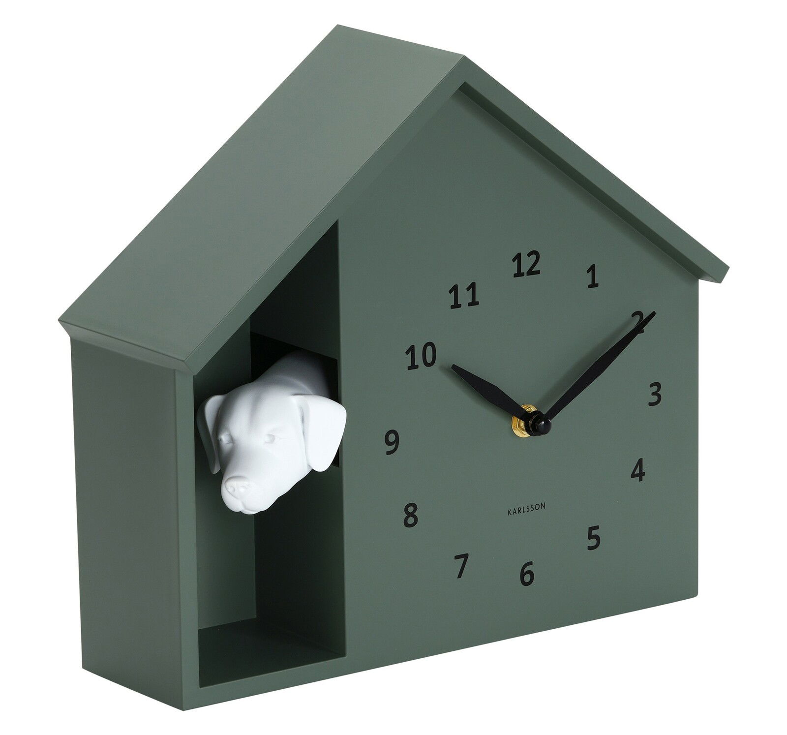 Moderne Wanduhr in Form eines Hauses mit einem Hundekopf, der aus einer Öffnung herausschaut, seitliche Perspektive