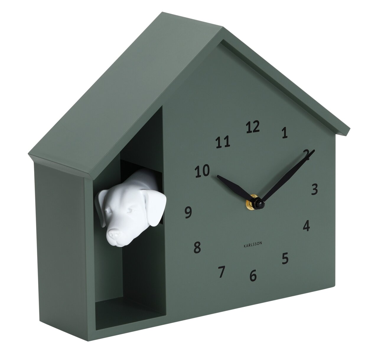 Moderne Wanduhr in Form eines Hauses mit einem Hundekopf, der aus einer Öffnung herausschaut, seitliche Perspektive
