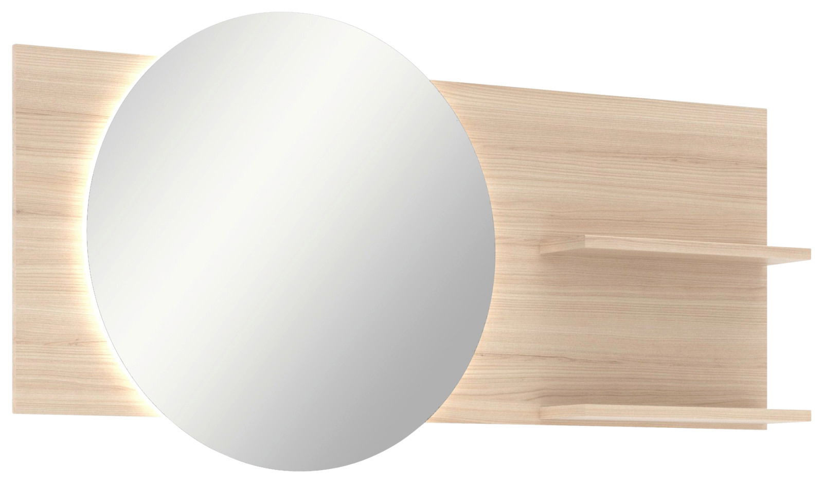Voleo Spiegel mit Paneel INA Runder Spiegel mit Holzpaneel und zwei Regalböden, seitliche Perspektive