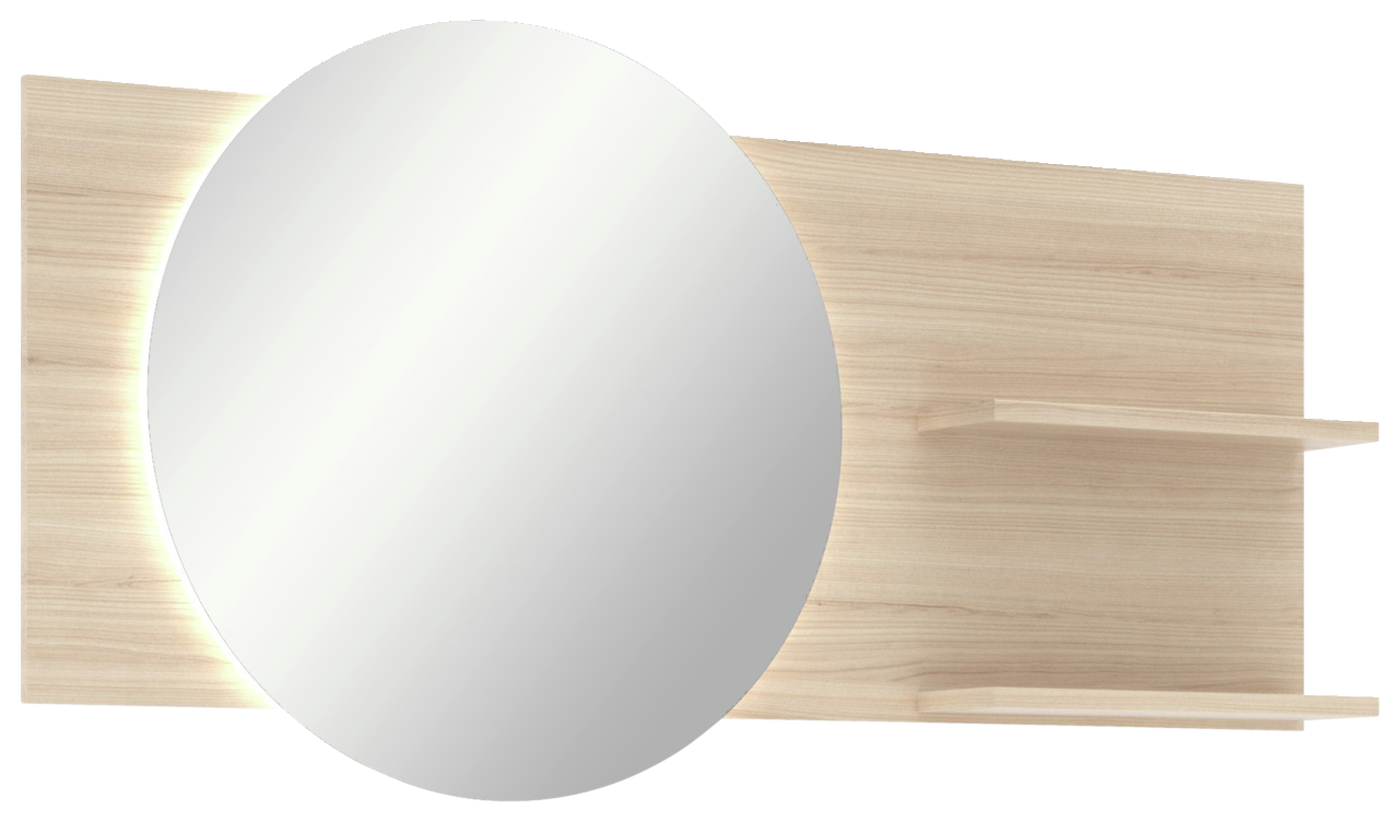 Runder Spiegel mit Holzpaneel und zwei Regalböden, seitliche Perspektive