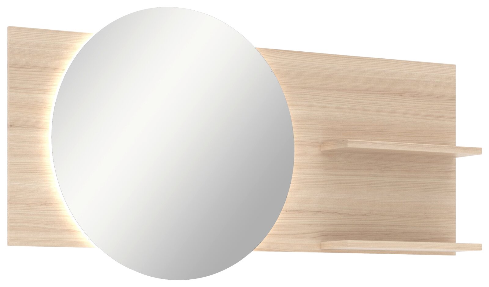 Voleo Spiegel mit Paneel INA Runder Spiegel mit Holzpaneel und zwei Regalböden, seitliche Perspektive