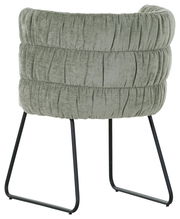 Rückansicht eines Armlehnstuhls mit grünem, gepolstertem Stoffbezug und schwarzen Metallbeinen.