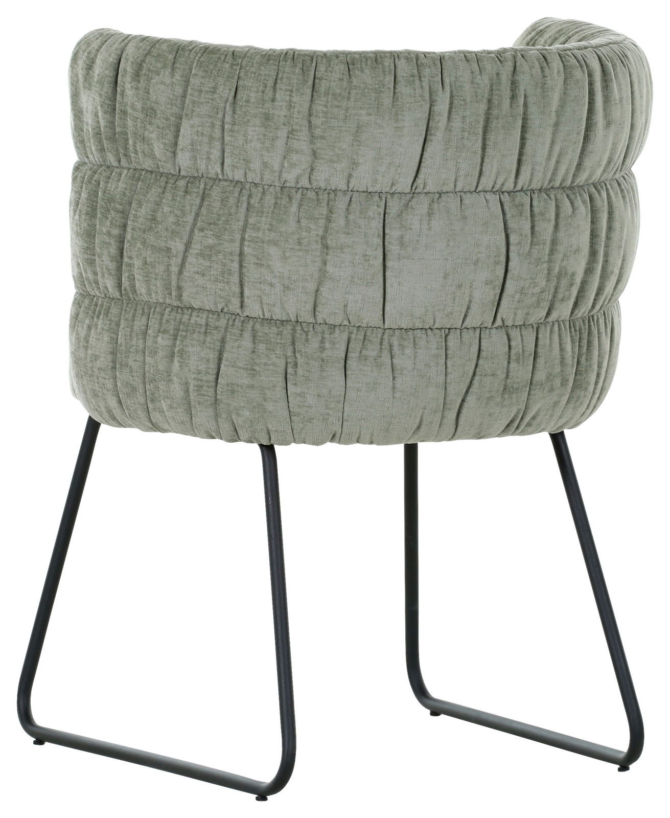 Rückansicht eines Armlehnstuhls mit grünem, gepolstertem Stoffbezug und schwarzen Metallbeinen.