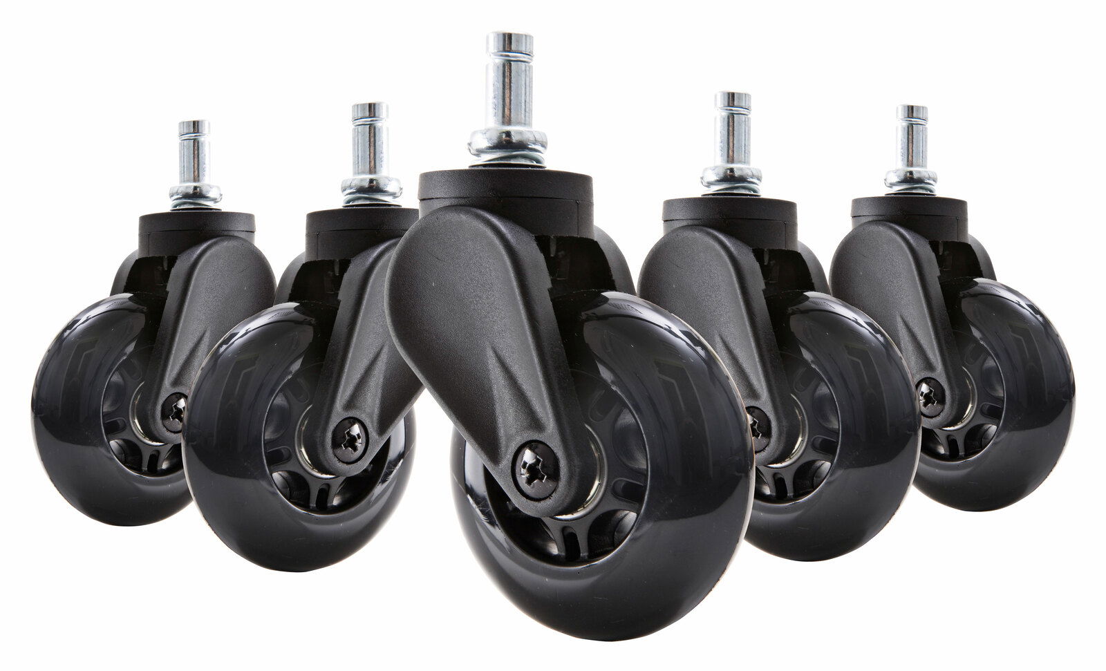 Fünf schwarze Hartbodenrollen in Nahaufnahme, frontal betrachtet