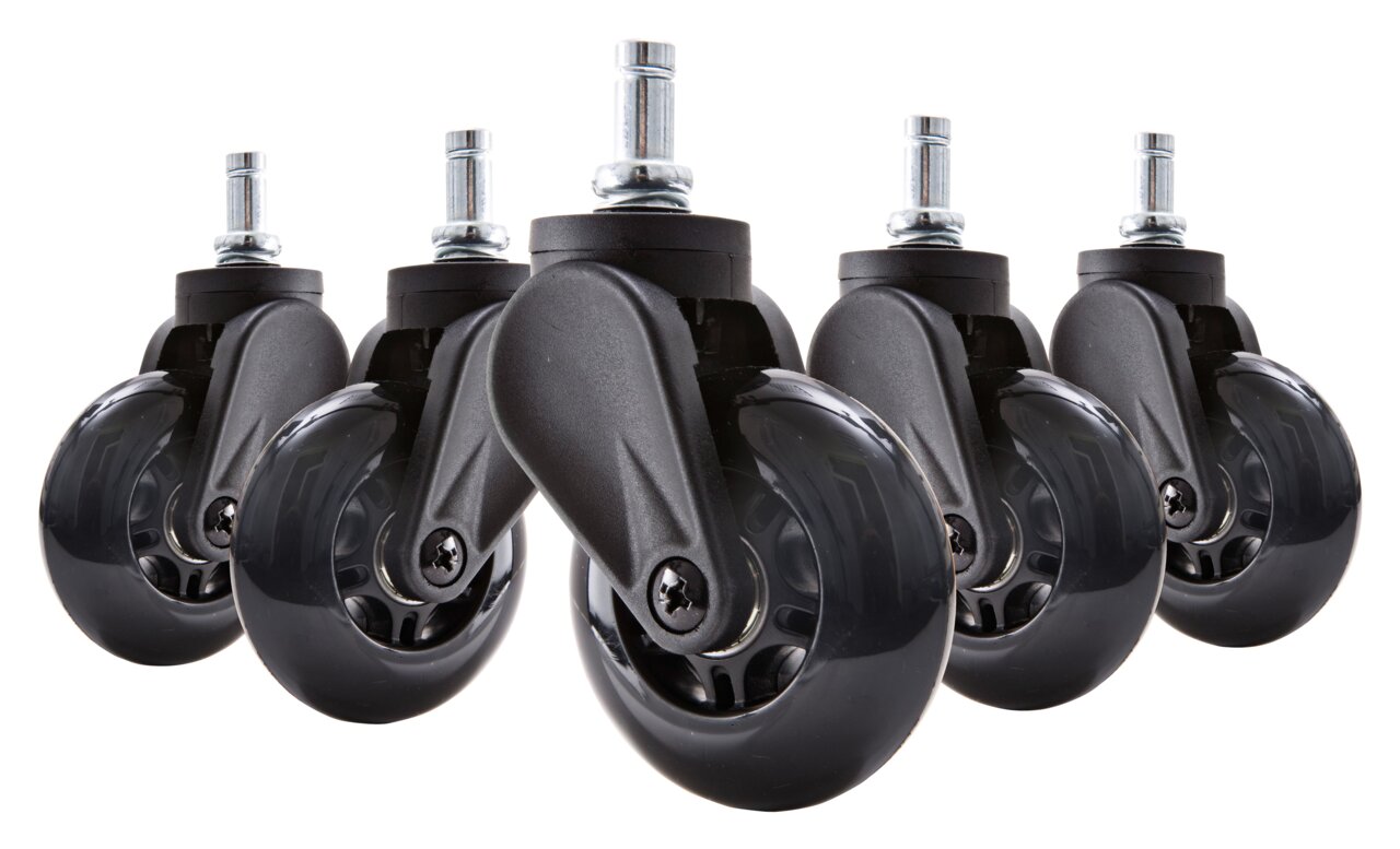 DX Racer Hartbodenrollen-Set Fünf schwarze Hartbodenrollen in Nahaufnahme, frontal betrachtet