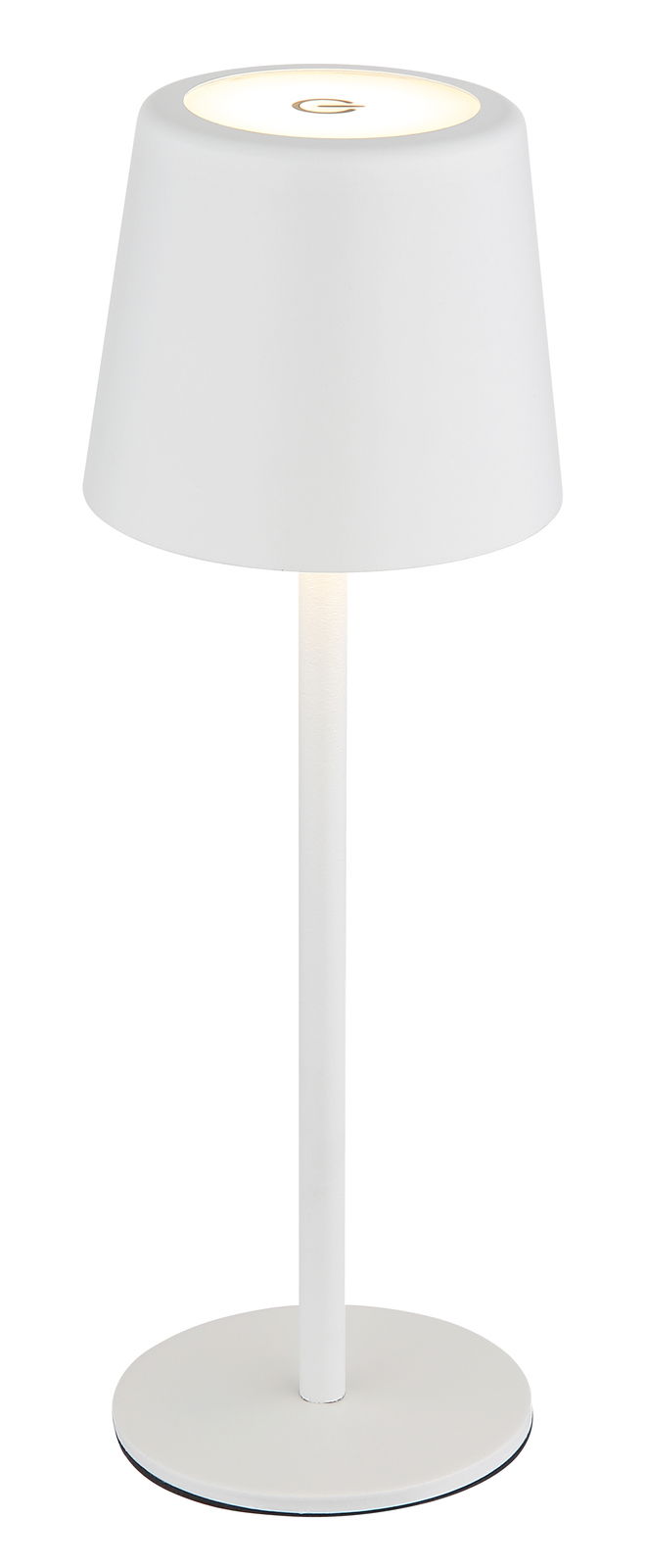 Weiße Tischleuchte mit modernem Design, seitliche Perspektive