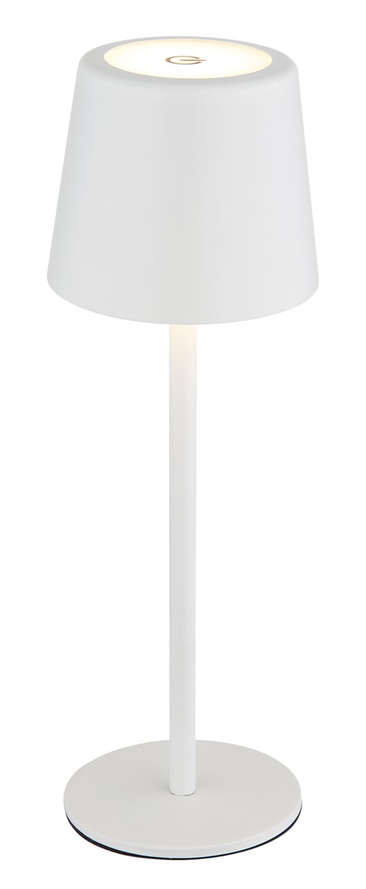 Weiße Tischleuchte mit modernem Design, seitliche Perspektive