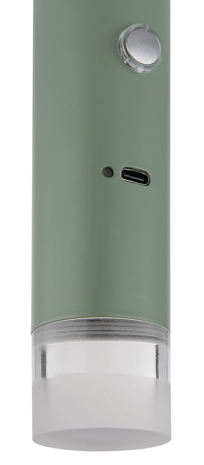 Nahaufnahme einer grünen Akku-Pendelleuchte mit USB-C-Anschluss und Schalter.