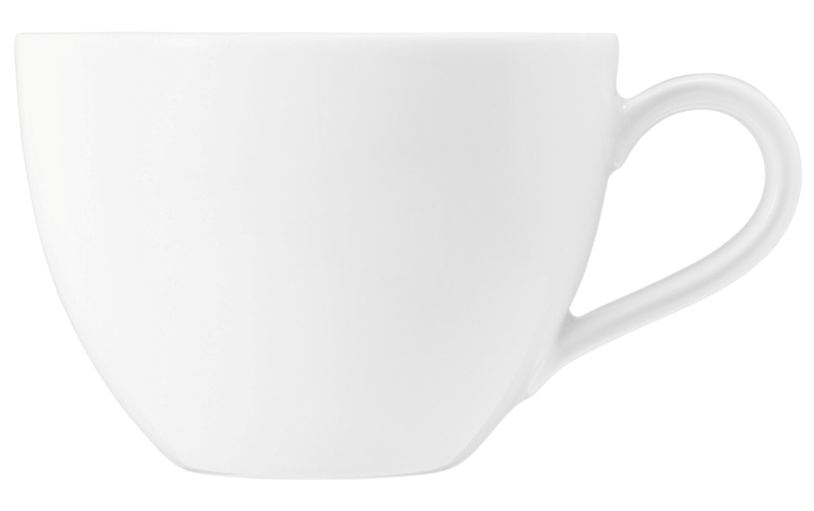 Weiße Kaffeetasse mit Henkel, seitliche Ansicht